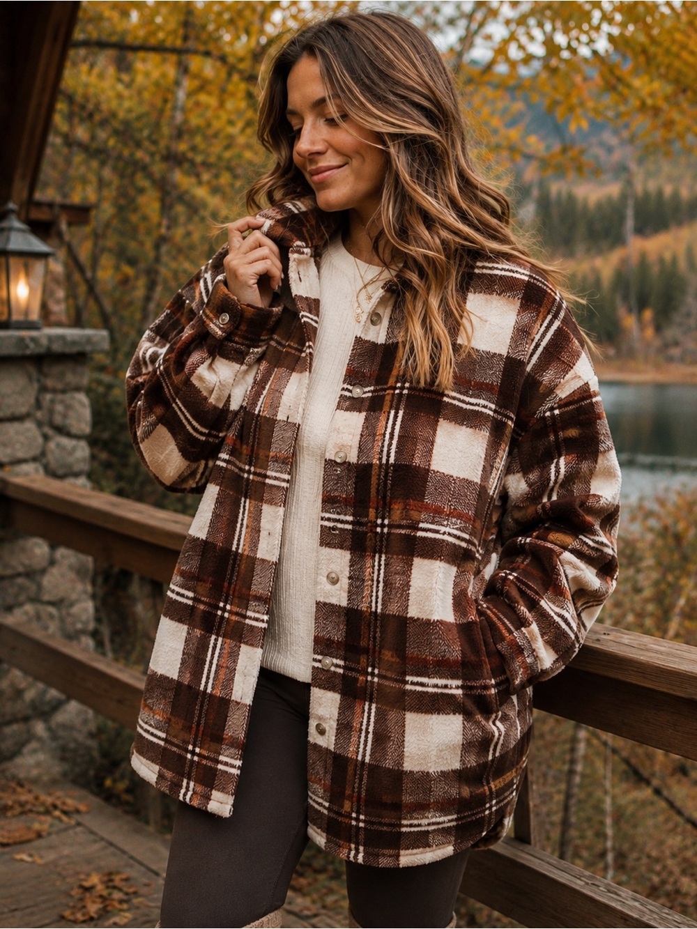 Eddie Bauer Women’s XL Brown Plaid Oversized Fleece Shacket Button Up